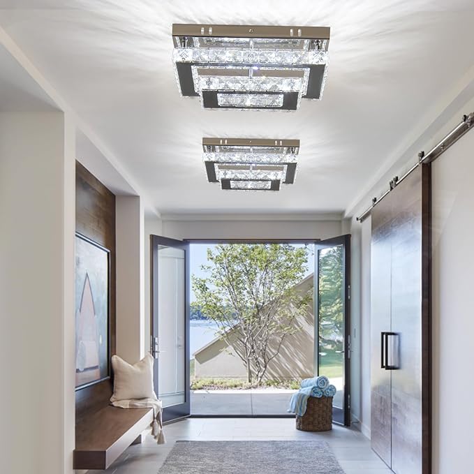 Dimmable Crystal LED Flush Mount Ceiling Light, 11.8"×9.1" Rectangular Close to Ceiling Chandelier, 24W K9 Crystal & Stainless Steel, Remote & App Control, 2700–6500K CCT for Bedroom Living Room