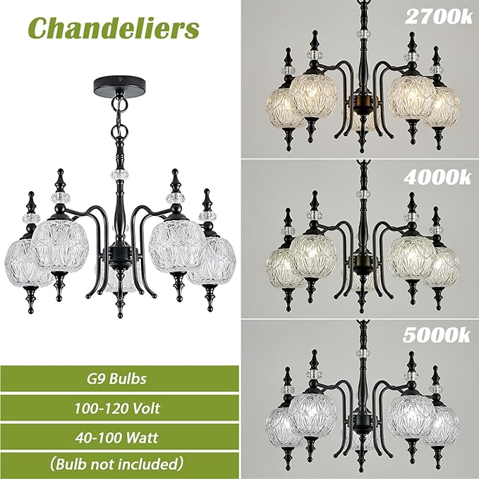 Chandeliers Modern 5-Light Chandelier Black Kitchen Island Pendant Light Fixtures Finish with Crystal Glass Shade for Kitchen Island Living Room