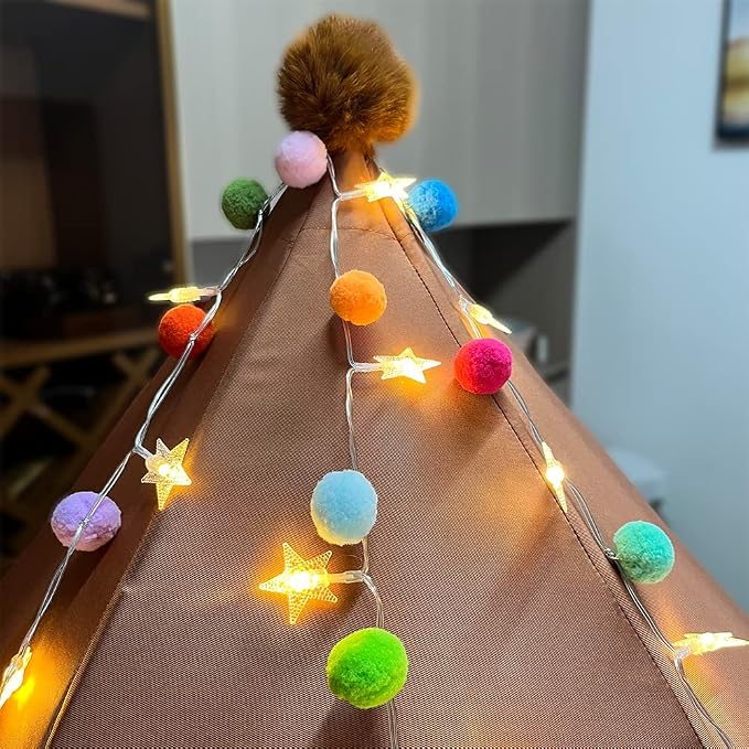 ChiRee Indoor String Lights 6.56 Feet Pom Poms Star Lights 20 LED Battery Operated String Fairy Lights Warm White Star Lights Colorful Decor Lights for Home Bedroom Kids Playhouse Holiday Christmas