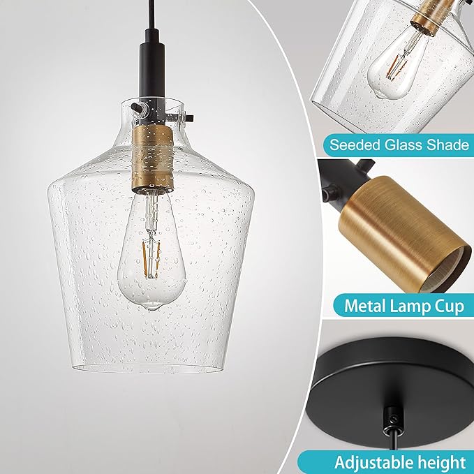 Modern Seeded Glass Pendant Lighting for Kitchen Island 1 Pack, Farmhouse Black and Gold Pendant Light Fixtures, Height Adjustable Ceiling Pendant Light, Angled Seeded Glass Shades 8 Inch