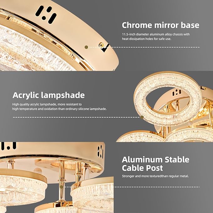 OKELI Modern Ceiling Light, 5 Rings 16.9'' Dimmable LED 49W Flush Mount Ceiling Lights with Remote Acrylic Crystal Round Ceiling Light Fixture, Bedroom Living Room Dining Room, Gold