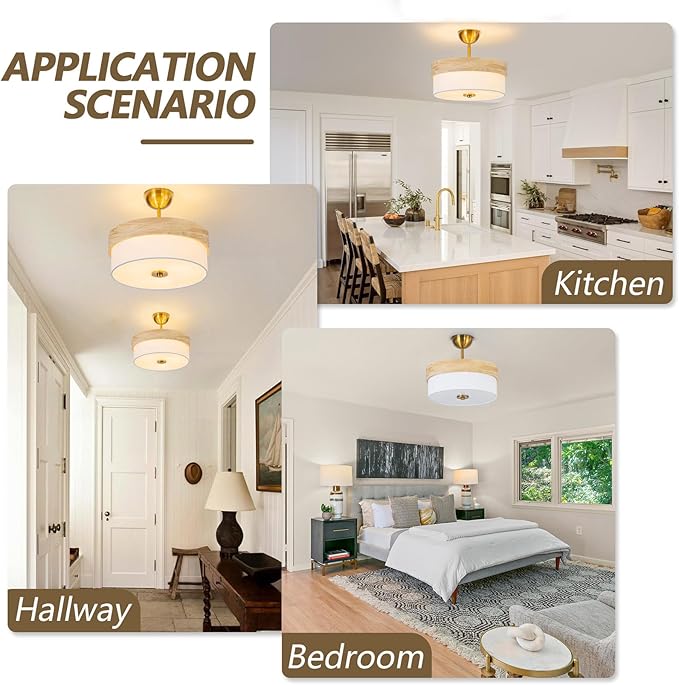 Bargeni Semi Flush Mount Ceiling Light,13 Inch Light Fixtures Ceiling Mount, Natural Wood Trim with Cream White Fabric Shade, Modern Ceiling Light Fixture for Bedroom,Hallway,Kitchen