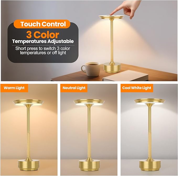 2-Pack Cordless Table Lamp Rechargeable 5000mAh, 3-Color Stepless Dimming Touch Sensor, Portable LED Desk Light for Bedroom, Nightstand, Camping, Patio (2-Pack Gold)