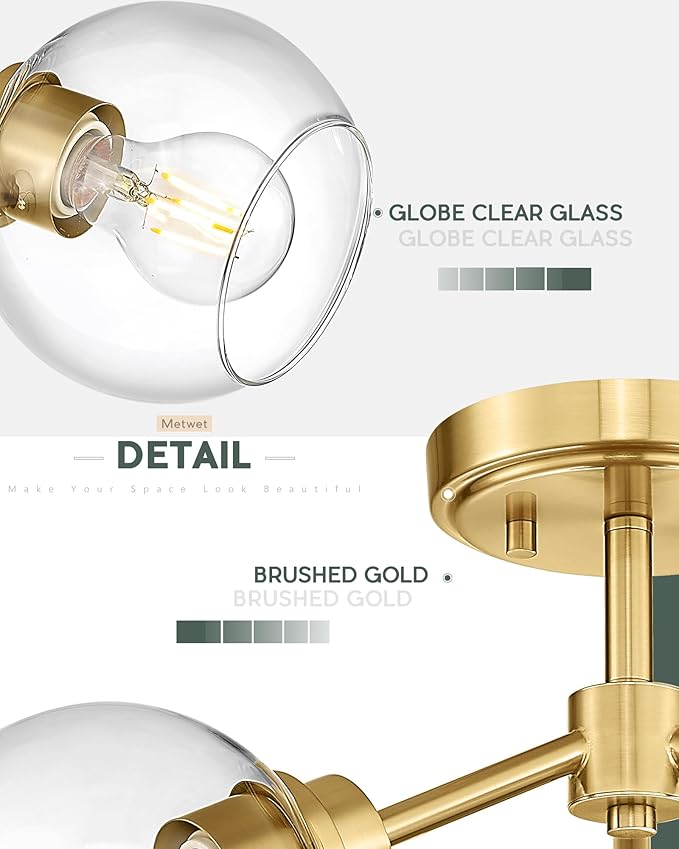 3-Light Semi Flush Mount Ceiling Light, Modern Light Fixtures Ceiling Mount with Globe Clear Glass Shade, Brushed Gold Light Fixtures for Kitchen Entryway Hallway Bedroom, SM195-BG-3