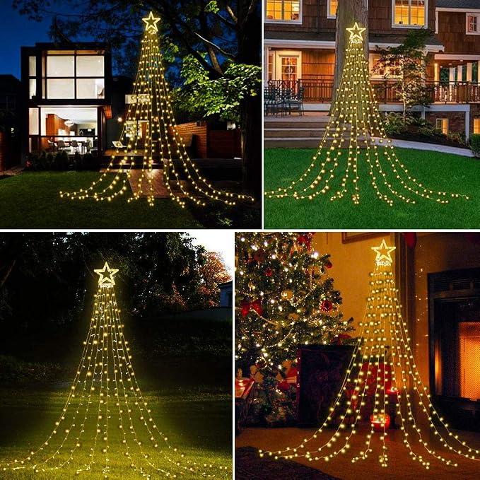 DANLI Christmas Star String Lights Outdoor, 320 LED With Timer [8 Mode/IP44 Waterproof] Decoration Fairy Indoor, 9x12FT Topper for Xmas New Year Wedding Patio Yard