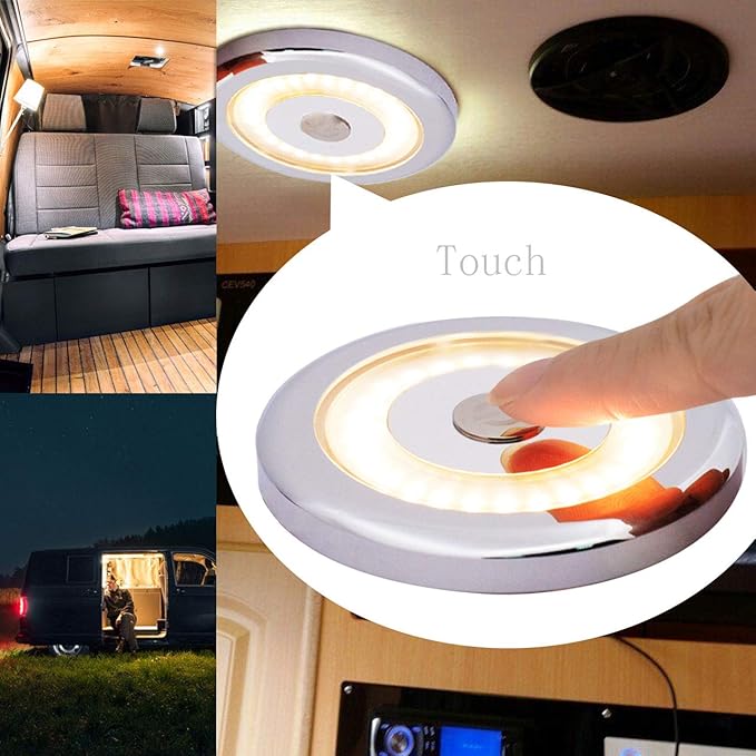 THALASSA 2 Pcs 12V Boat Interior Ceiling LED Light with Dimmer Switch - 3W 2800K Warm White, Surface Mounted, Small Dome Light be Used in RV Camper Van Caravan Yachts Motorhome, 72mm Diameter