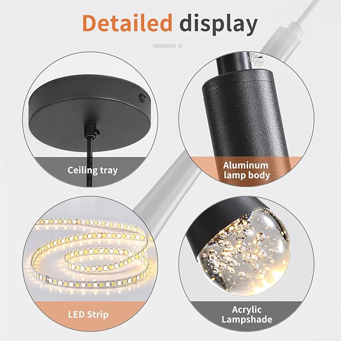 3 Pack Modern Black LED Pendant Light, Kitchen Island Ceiling Hanging Lights, Teardrop Bubble Crystal, 3 Color 2700K/4500K/6500K, Bedside Small Chandeliers Lamps for Bar, Dining Room, Hallway, Foyer