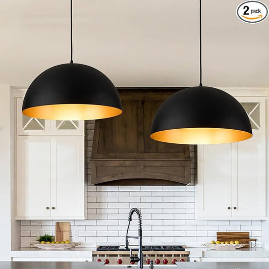 16 Inch Industrial Pendant Lighting for Kitchen Island, Black and Gold Metal Dome Pendant Light Fixtures, Hemispherical Hanging Ceiling Light E26 Base for Reading Dining Room Foyer Cafe, 2 Pack