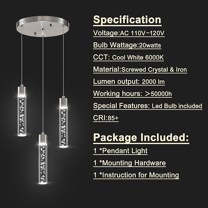 Pendant Lights Kitchen Island, 3-Light Brushed Nickel Cluster Pendant Light Fixtures, LED 6000K Kitchen Island Lights, Modern Hanging Light Fixture, Pendant Lighting for Dining Room Living Room