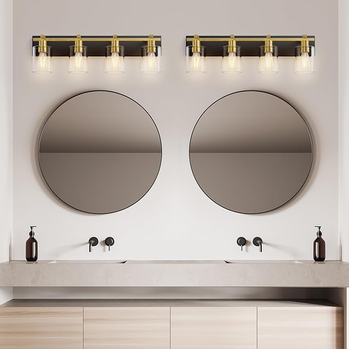 Espird Bathroom Vanity Light,4 Light Matte Black and Gold Light Fixture with Thickened Clear Glass Shade, 30 inch Modern Wall Sconce, Bathrooms Vanity Light Over Mirror for Bathroom