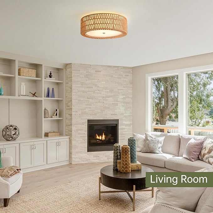 Modern Flush Mount Ceiling Light, 4-Light Boho Rattan Light Fixture Large Gold Ceiling Light Bedroom Light Fixtures for Living Room Dining Room Kitchen Foyer