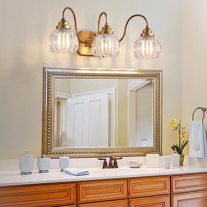 Gold Vanity Light, Vintage Bathroom Light Fixtures, 3-Light Matte Antique Brass Finish with Crystal Glass Shade, Mid Century Style Wall Sconces for Bedroom, Living Room