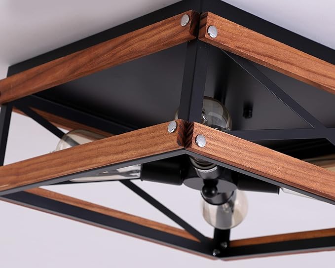 4-Light Rustic famrhouse Flush Mount Ceiling Light Metal and Wood Square Flush Mount Ceiling Light Fixture for Hallway Bedroom Kitchen Entryway Living Room, Black