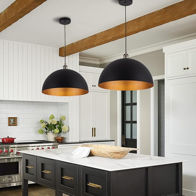 Vintage 2 pendant light,Industrial Pendant Light,17.72 inches large diameter, Line length 78.74" black and gold pendant light, widely used in the kitchen island, bedroom, dining room, hallway, garage