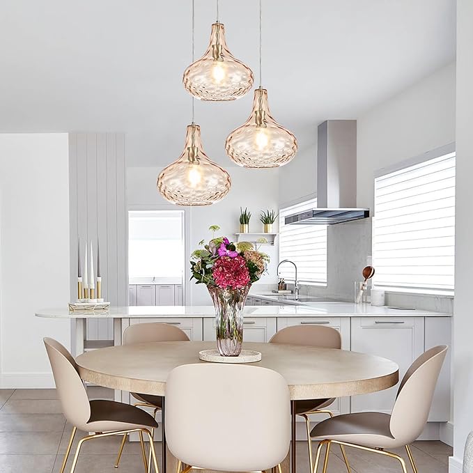 11" Amber Hammered Glass Pendant Light – Brushed Nickel Finish, Adjustable Hanging Cord, Modern Farmhouse Ceiling Light for Kitchen Island, Dining Room, Hallway