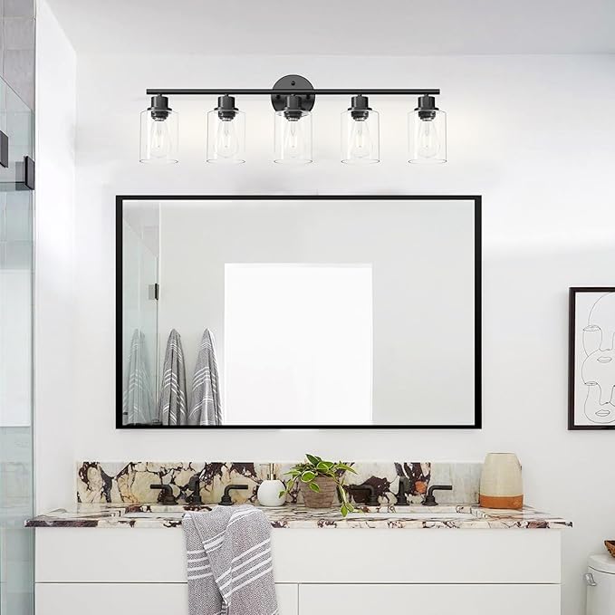 5-Light Black Bathroom Vanity Lights, E26 Modern Bathroom Light Fixtures with Clear Glass Shade, Mirror Kitchen Hallway Cabinet Living Room Sconces Wall Lights