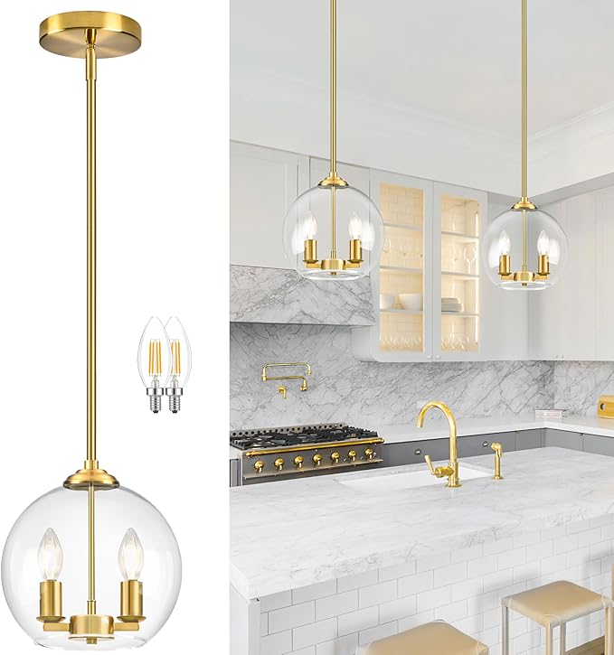 10" Gold Pendant Lights Glass Globe Pendant Light Fixture Bedroom Mid Century Modern Pendant Lighting Brass Pendant Light for Kitchen Island Bedroom Living Room Dinning Room (Bulb Incl.)