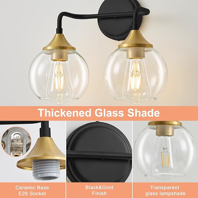 Black and Gold Bathroom Vanity Light with Clear Glass Shade, E26 Base, 2-Light Bathroom Light Fixtures Over Mirror, 14 Inch Vanity Lights for Bathroom (Exclude E26 Bulb)
