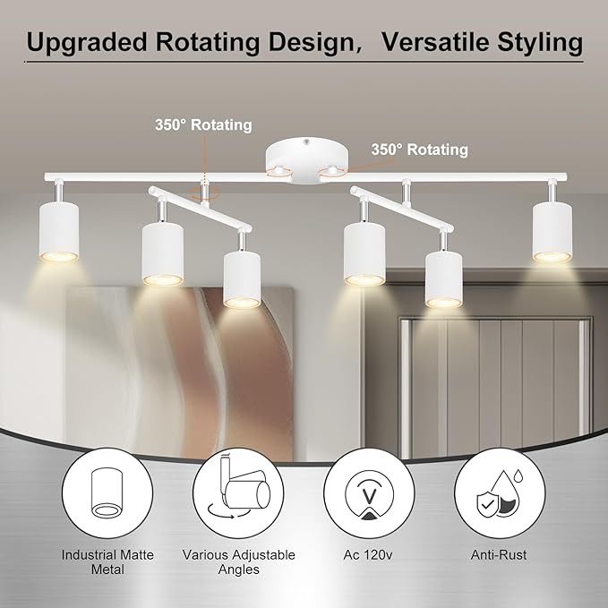 AUQUEE 6 Light Track Lighting Fixtures Ceiling, Matte White Kichen Track Lighting Fixtures with Rotatable Light Heads, Upgrade Light Poles, Modern LED Spot Lights for Kitchen/Hallway, No GU10 Bulb