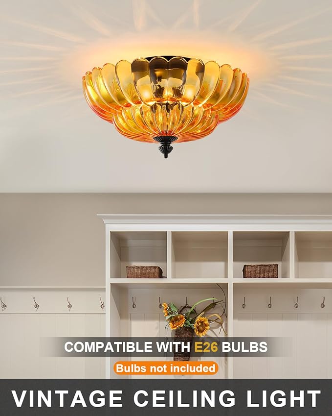 ANYLOVE Modern 12Inch Amber Flower Glass Semi Flush Mount Ceiling Light, 3 Light for Living Room Bedroom Hallway Entryway Foyer