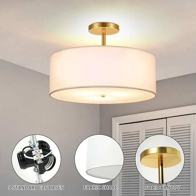 FRIDEKO HOME 3-Light Semi Flush Mount Ceiling Light Fixture, 15.74" Gold Drum Light, Modern Close to Ceiling Light with White Fabric Shade Lamps for Bedroom Living Room Kitchen Hallway Entryway Foyer