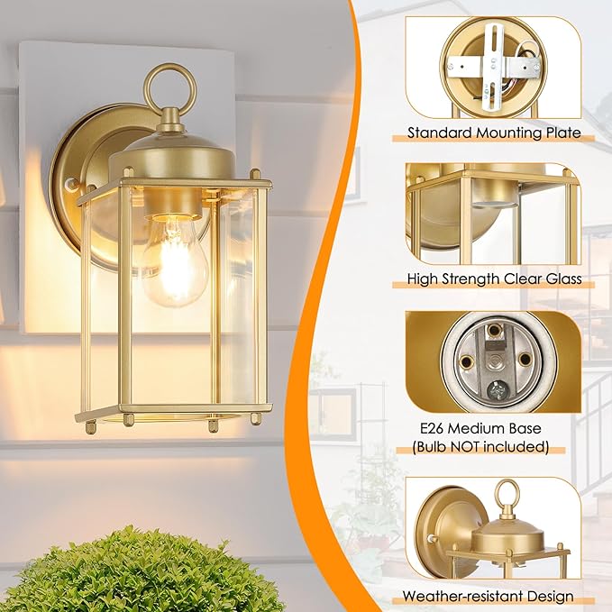 MATAMEYE Large Outdoor Wall Lantern, Exterior Waterproof Wall Sconce Light Fixtures, Gold Front Door Lighting with Clear Beveled Glass, Anti-Rust E26 Socket Porch Lamp, 2 Pack