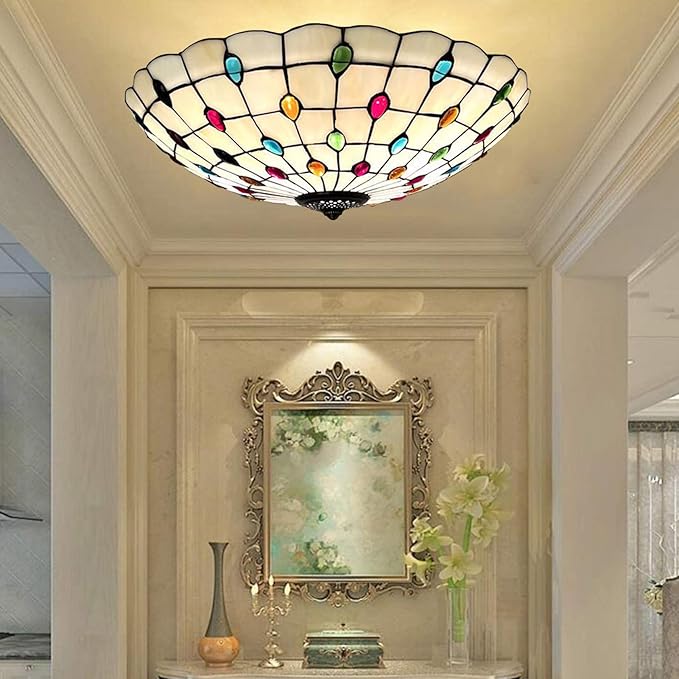 Tiffany Flush Mounts Ceiling Lights,Peacock Blue Crystal Beads Stained Glass Lampshade Ceiling Lamp for Kitchen Dining Room Livingroom Bedroom Ceiling Chandeliers Pendant Light,Multicolor,21in