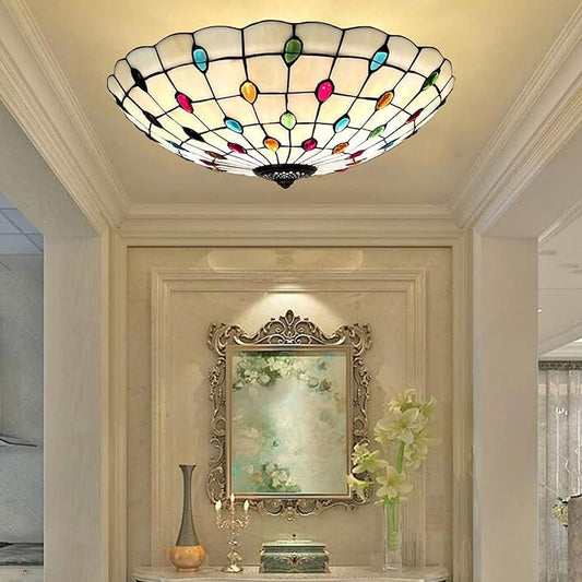 Tiffany Flush Mounts Ceiling Lights,Peacock Blue Crystal Beads Stained Glass Lampshade Ceiling Lamp for Kitchen Dining Room Livingroom Bedroom Ceiling Chandeliers Pendant Light,Multicolor,16in