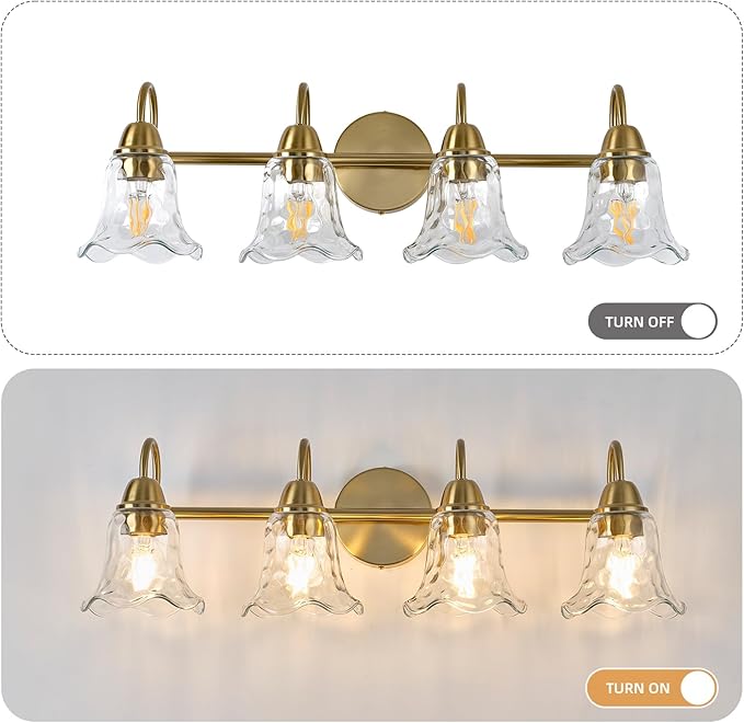 Bathroom Light Fixtures Over Mirror, 4 Lights Vintage Wall Sconces with Hammered Glass Shade, 26.8" Gold Bathroom Wall Light Fixtures for Bedroom, Porch, Hotel, Mirror Cabinet