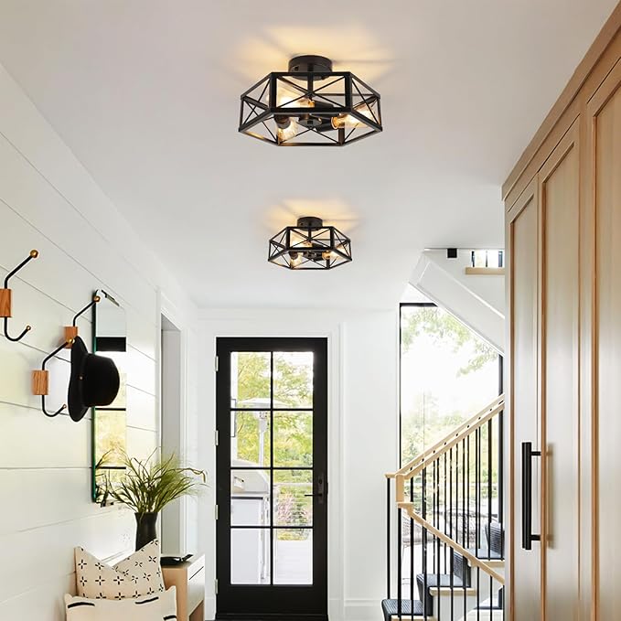 WILON Black Flush Mount Ceiling Light for Kitchen Hallway - 3-Light Industrial Close to Ceiling Lighting Farmhouse Metal Cage Light Fixtures Ceiling Mount for Foyer Kitchen Living Room(E26 Socket)