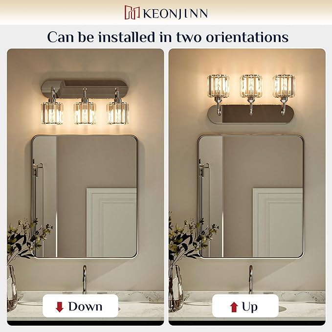 Keonjinn 5-Light Bathroom Light Fixtures, Crystal Chrome Bathroom Vanity Lights Over Mirror, Vanity Lighting Fixtures with Crystal Square Shades (E26 Socket, Exclude Bulb)