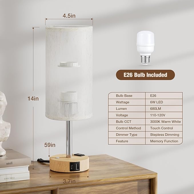 Touch Bedside Table Lamp with Memory - Stepless Dimmable Lamp for Bedroom, Small Nightstand Lamp with Dual USB Charging Ports and AC Outlet, Wood Night Light, Deak Lamp for Nursery, Living Room, Dorm