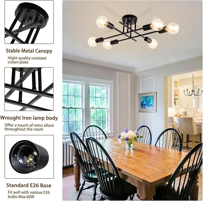 6-Lights Semi Flush Mount Modern Ceiling Light Fixture, Industrial Ceiling Light, Black Vintage Metal Sputnik Chandelier, Farmhouse Lighting for Kitchen Dining Room Living Room Bedroom
