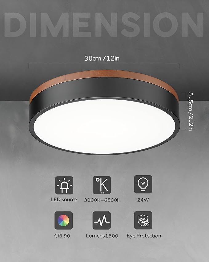 Ken & Ricky12inch Wood Flush Mount Ceiling Light,Black Light Fixtures Ceiling Mount,Led Dimmable 3000K/6500K for Bedroom,Kitchen,Hallway,Entyrway,Laundry Room,24W 5CCT 2PK