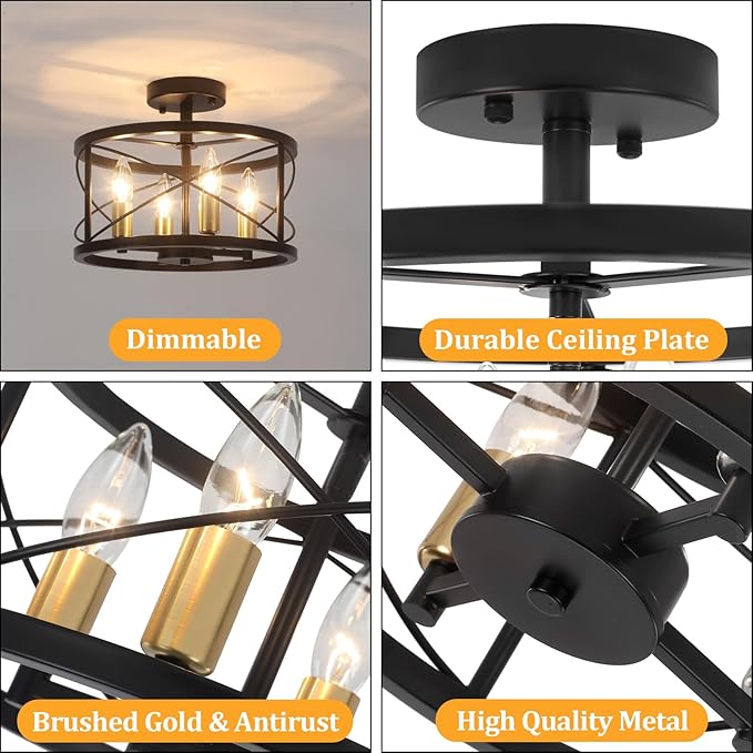 TOULMJ 4-Light Semi Flush Mount Ceiling Light, Black Gold Ceiling Light Modern Hallway Light Fixtures for Kitchen Island Entryway Laundry Room Foyer Dining Room