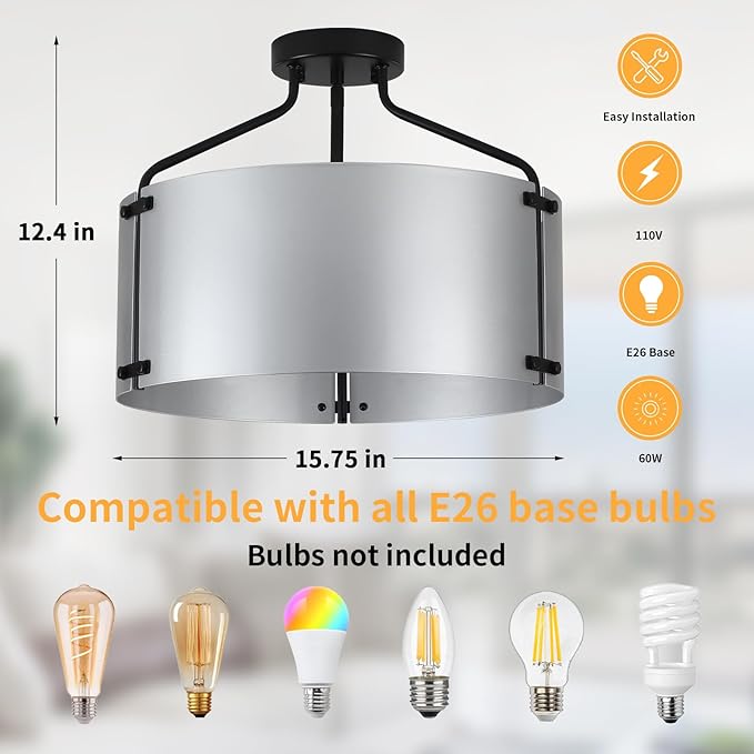 Kitchen Lighting Fixtures Ceiling,16''Silver Chandelier Light Fixture,Drum Bedroom Ceiling Lights,3-Light Close to Ceiling Light Fixtures for Farmhouse Hallway Porch Entryway