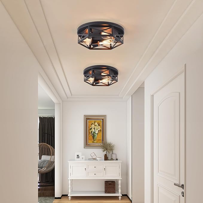 Black Flush Mount Ceiling Light,Hallway Light Ceiling Mount,Industrial Vintage Metal Cage Close to Ceiling Lights for Kitchen,Farmhouse,Bedroom