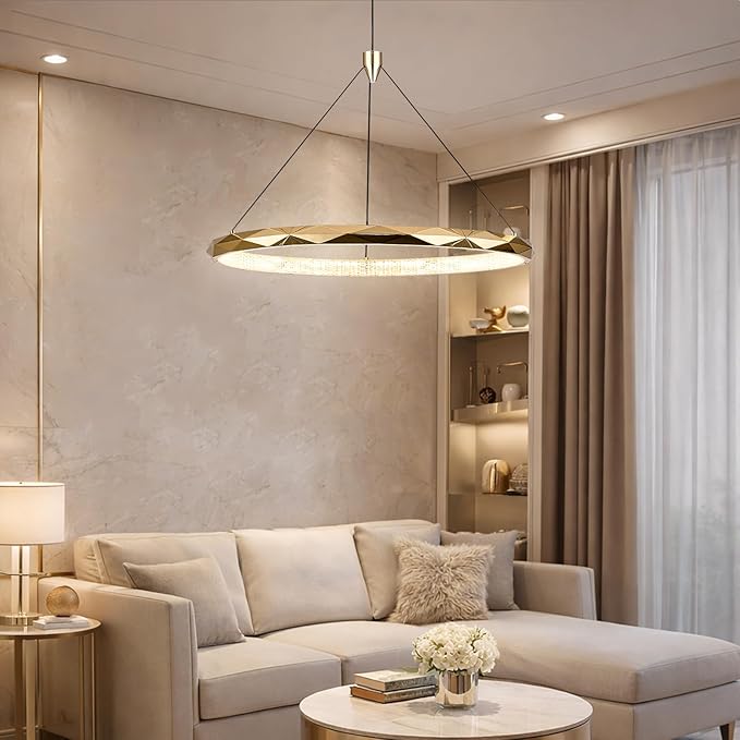 HEYAN Modern Gold Ring Chandelier, 24-Inch Faceted Geometric LED Pendant Light, Dimmable 3-Color Changeable Island Lighting, 36W Luxury Acrylic Crystal-Effect Ceiling Fixture for Dining Room & Kitchen