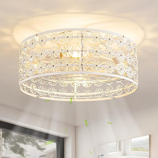 White Caged Ceiling Fan with Light and Remote, Modern Romantic Flower Crystal Ceiling Fans with Lights, Flush Mount Low Profile Fandelier, 6-Speed Reversible for Bedroom,Dining Room,Girls Room,Nursery