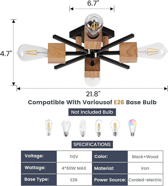 4 Light Sputnik Light Fixture Black Flush Mount Lights Industrial Ceiling Light Wood 22" Modern Farmhouse Ceiling Lights for Kitchen Bedroom Bathroom Foyer Hallway(E26,2Pack)
