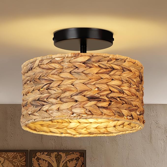 Boho Light Fixtures,11.8'' Rattan Semi Flush Mount Ceiling Lights Fixture，Farmhouse Drum Ceiling Light for Hallway Bedroom Kitchen Nursery Entryway