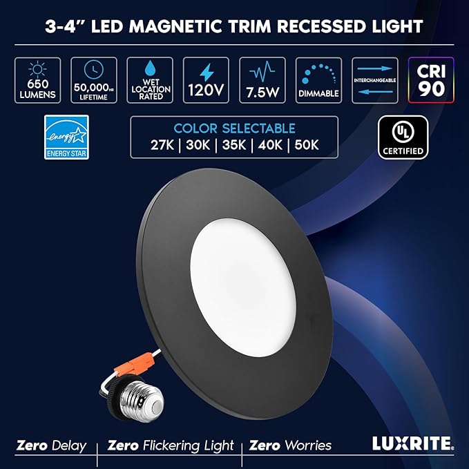 LUXRITE 3-4 Inch LED Flush Mount & Recessed Light, 7.5W, 5CCT 2700K-5000K, 650LM, Magnetic Trim, Dimmable Ceiling Can Light, Install to J-Box or 4 Inch Housing, Wet Rated, UL Listed, Black