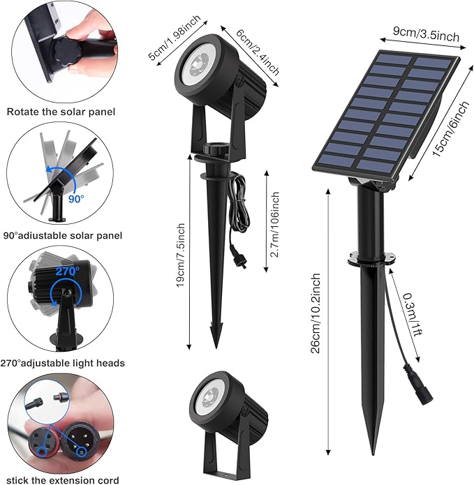 T-SUNUS Green Solar Spot Lights Outdoor 2 Pack, Separated Solar Panel with 9.8ft Cable, Adjustable Solar Landscape Spotlights IP65 Waterproof Auto On/Off for Yard Garden Tree Driveway Patio