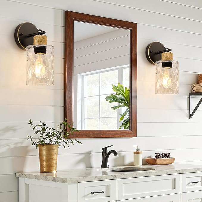 MOKATNG Set of 2 Wall Sconces for Bathroom, Coastal Modern Vanity Lights with Clear Glass Shade, Brown and Gold Bathroom Wall Lamp for Mirror Kitchen Living Room Hallway Cabinet Porch