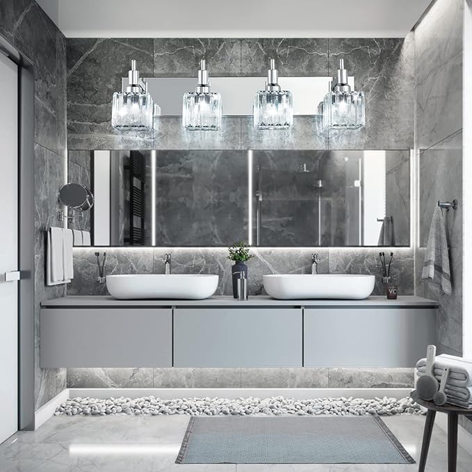 Modern Crystal Bathroom Vanity Light 4-Light Wall Light Fixtures Over Mirror Chrome Vanity Lighting for Bathroom Square Shade Wall Sconce