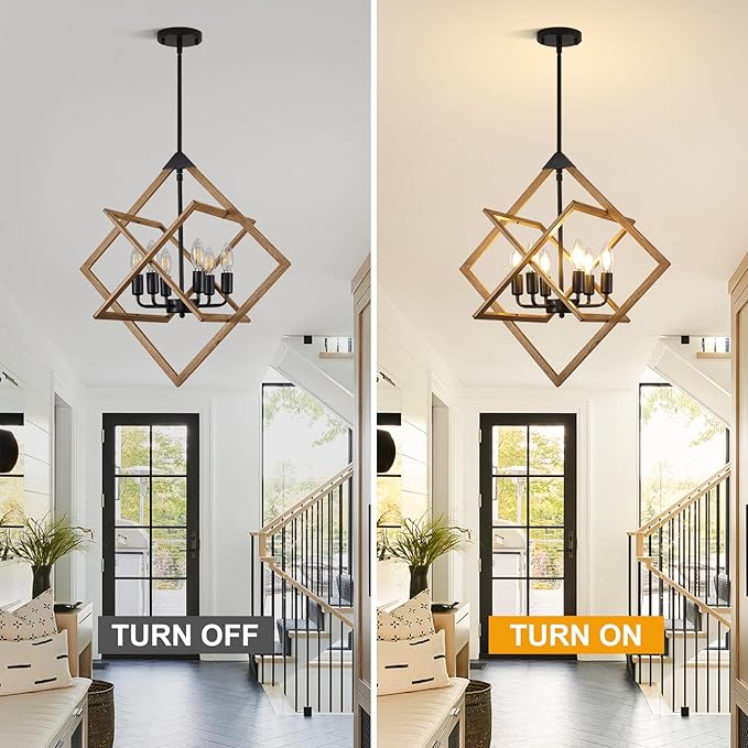 24" Modern Pendant Lights Kitchen Island, 6-Light Black + Wood Grain Farmhouse Pendant Light Fixtures, Industrial Hanging Pendant Lights Fixture for Kitchen Island Dining Room Hallway Foyer Entryway