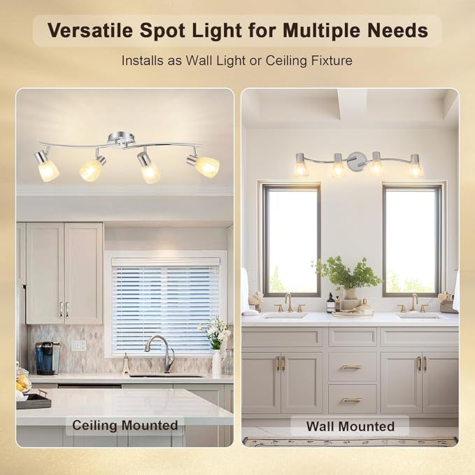 HiBay 4-Light Track Lighting Modern, Adjustable Ceiling Light Fixture w/Glass Shades, Metal Chrome Spotlight Indoor for Bathroom, Kitchen, Living Room, E12 Base, No Bulbs