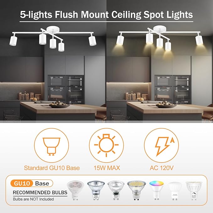 Track Lighting Fixtures Ceiling, LED Track Lighting, White Kitchen Lights for Bedroom, 28.4" Ceiling Spot Light Kit, 5 Light Wall Light with Rotatable Heads, Living Room Decor(GU10 Socket, NO Bulb)