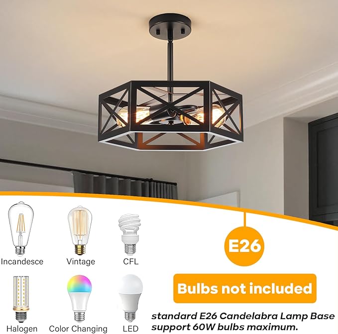 Semi Flush Mount Ceiling Light, Sloped Ceilings Lights Fixtures, Black Farmhouse 2-Light Chandelier, Adjustable Height Metal Lighting for Kitchen Dining Room Entryway Foyer Hallway