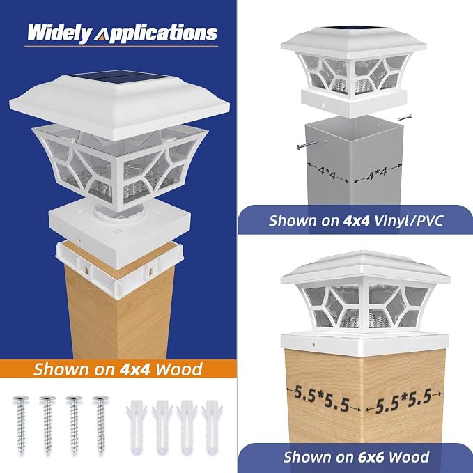 APONUO Solar Post Cap Lights 12 Pack with 1000mAh Battery - for 4x4 5x5 6x6 Fences, Larger Size & Longer Lasting, 2-Mode, IP64 Waterproof, for Deck Patio Yard (White)